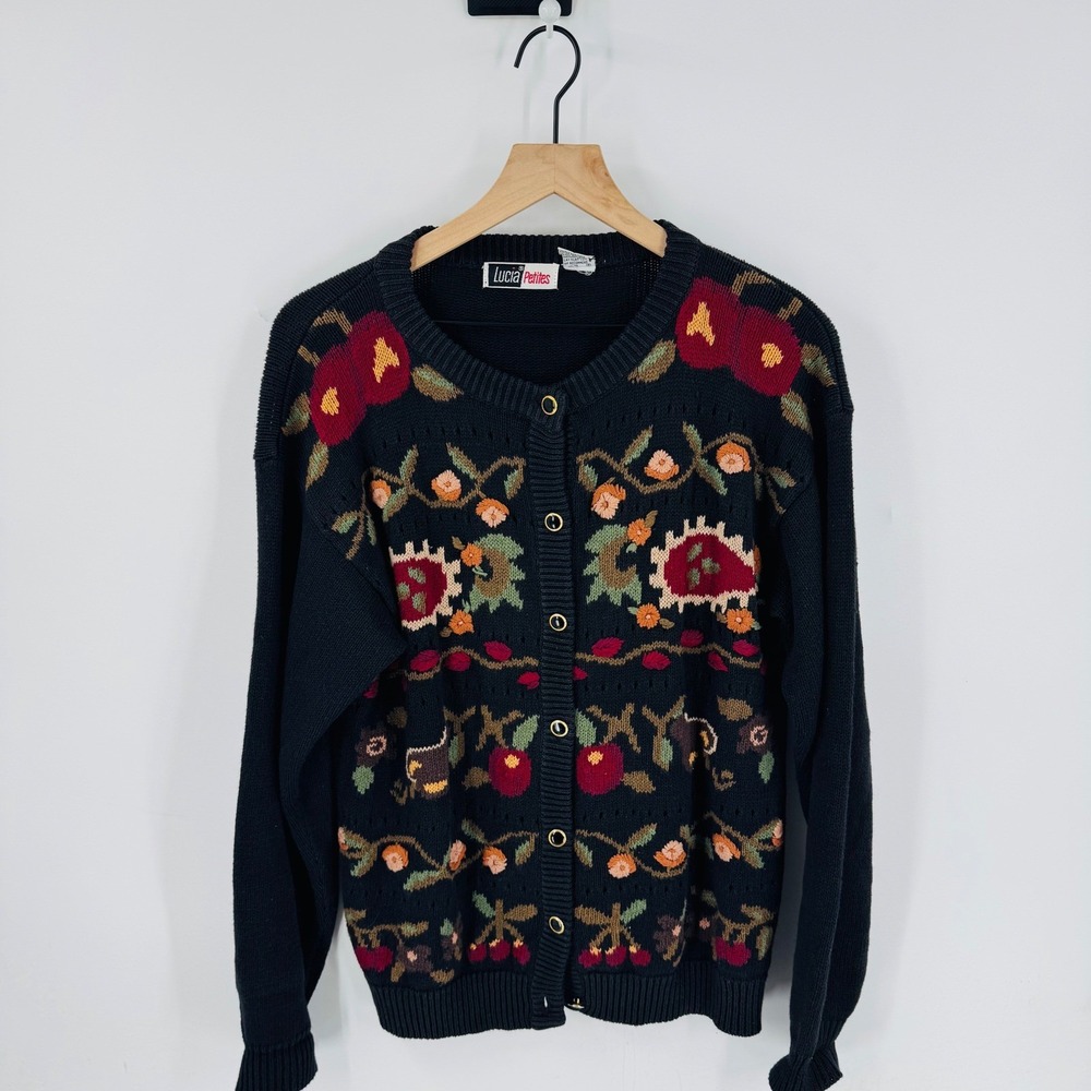 Vintage Lucia Petites Black Floral Embroidered‎ Button Up Cardigan Sweater M